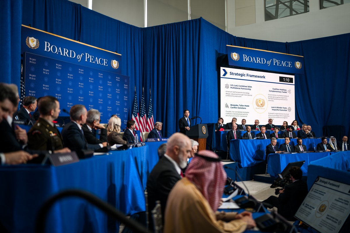 President Donald Trump participates in a Board of Peace meeting at the Donald J. Trump Institute of Peace in Washington, D.C., Thursday, February 19, 2026. (Official White House Photo by Daniel Torok)