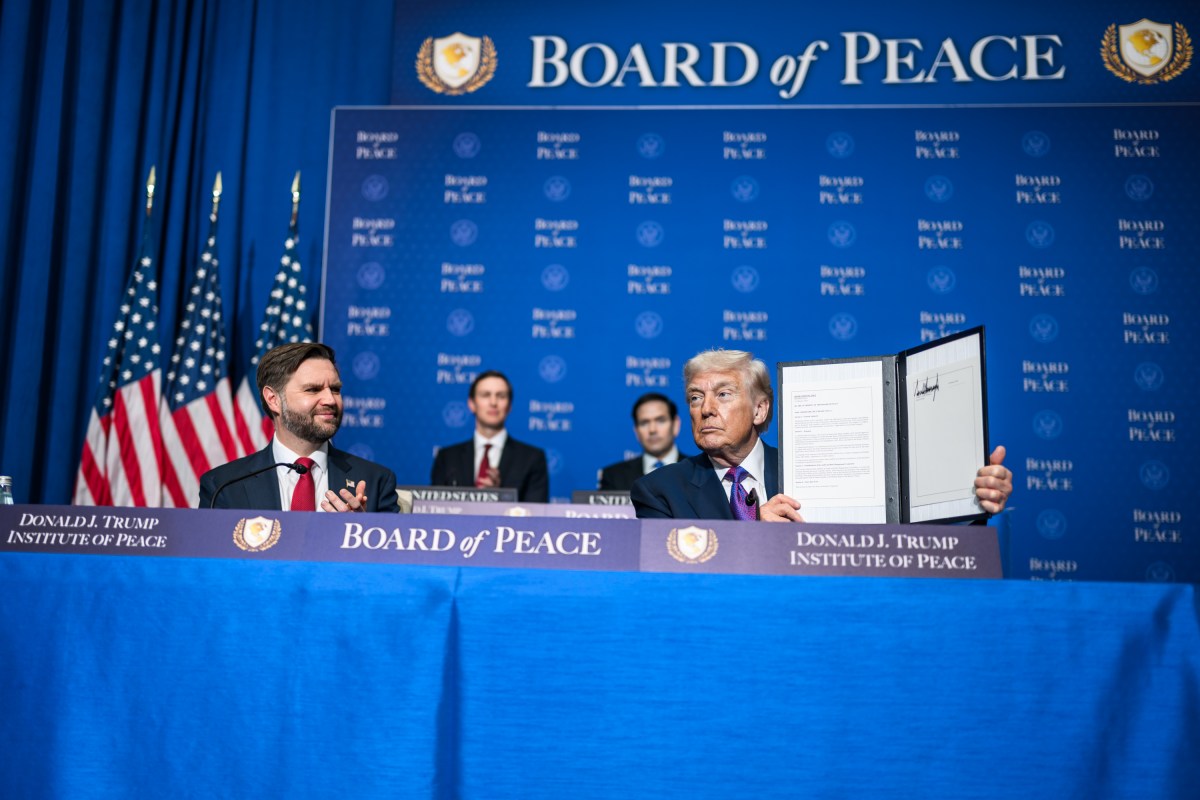 President Donald Trump participates in signing ceremony during the inaugural Board of Peace meeting at the Donald J. Trump Institute of Peace in Washington, D.C., Thursday, February 19, 2026. (Official White House Photo by Daniel Torok)