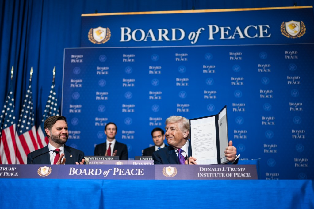 President Donald Trump participates in signing ceremony during the inaugural Board of Peace meeting at the Donald J. Trump Institute of Peace in Washington, D.C., Thursday, February 19, 2026. (Official White House Photo by Daniel Torok)