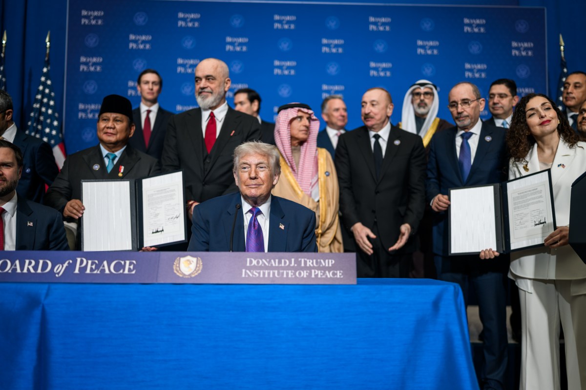 President Donald Trump participates in signing ceremony during the inaugural Board of Peace meeting at the Donald J. Trump Institute of Peace in Washington, D.C., Thursday, February 19, 2026. (Official White House Photo by Daniel Torok)