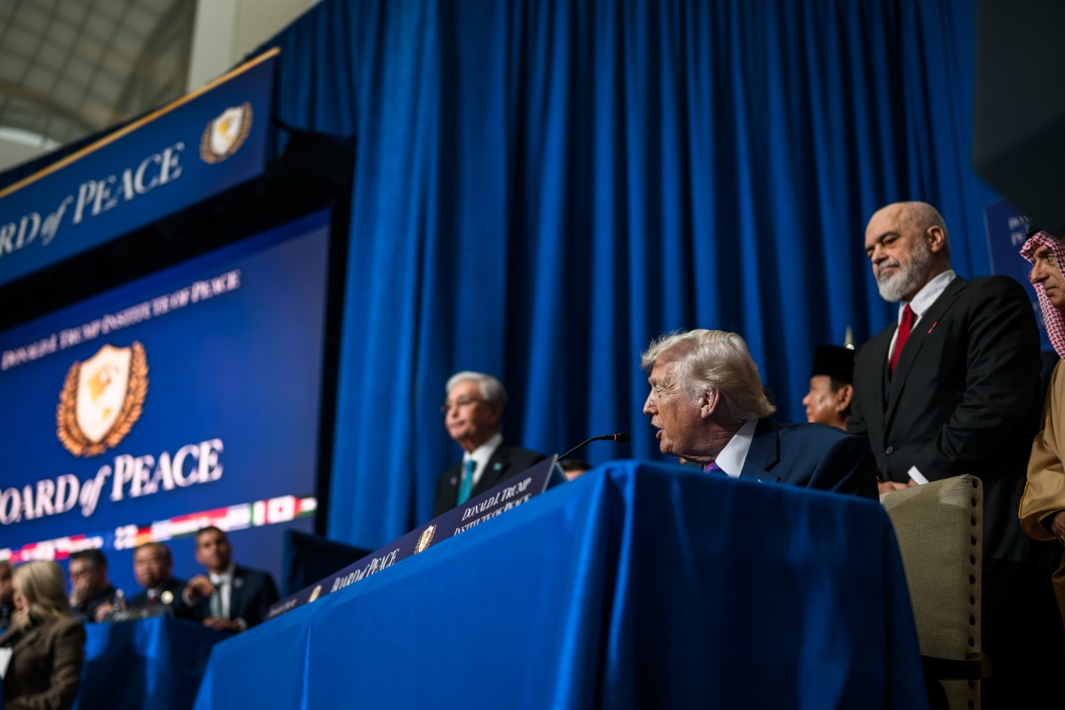 President Donald Trump bangs the gavel at the end of the inaugural Board of Peace meeting at the Donald J. Trump Institute of Peace in Washington, D.C., Thursday, February 19, 2026. (Official White House Photo by Daniel Torok)