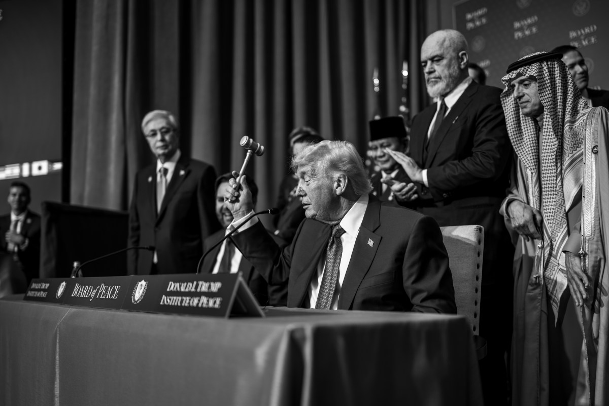 President Donald Trump bangs the gavel at the end of the inaugural Board of Peace meeting at the Donald J. Trump Institute of Peace in Washington, D.C., Thursday, February 19, 2026. (Official White House Photo by Daniel Torok)