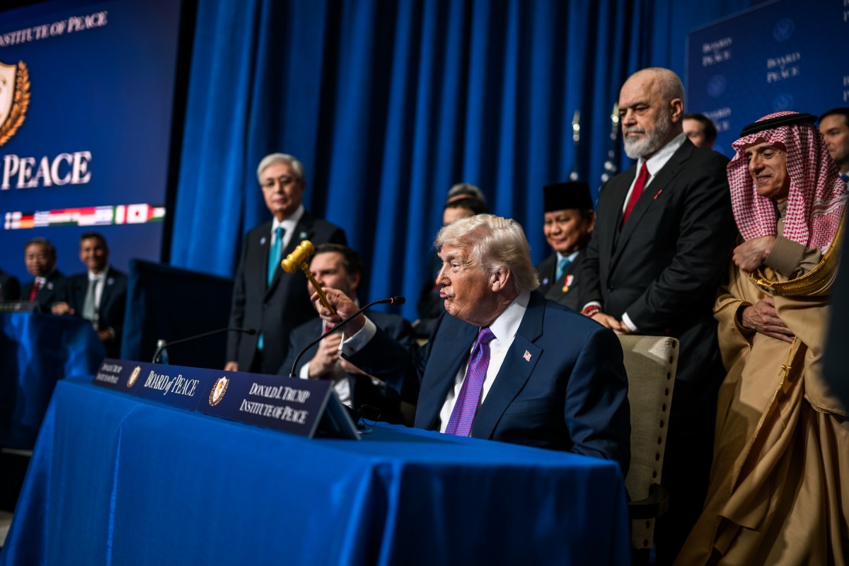 President Donald Trump bangs the gavel at the end of the inaugural Board of Peace meeting at the Donald J. Trump Institute of Peace in Washington, D.C., Thursday, February 19, 2026. (Official White House Photo by Daniel Torok)