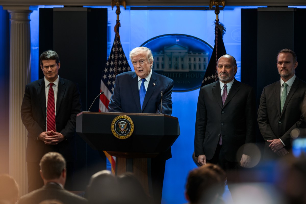 President Donald Trump delivers remarks on the Supreme Court ruling on tariffs in the James S. Brady Press Briefing Room of the White House, Friday, February, 20, 2026. (Official White House Photo by Daniel Torok