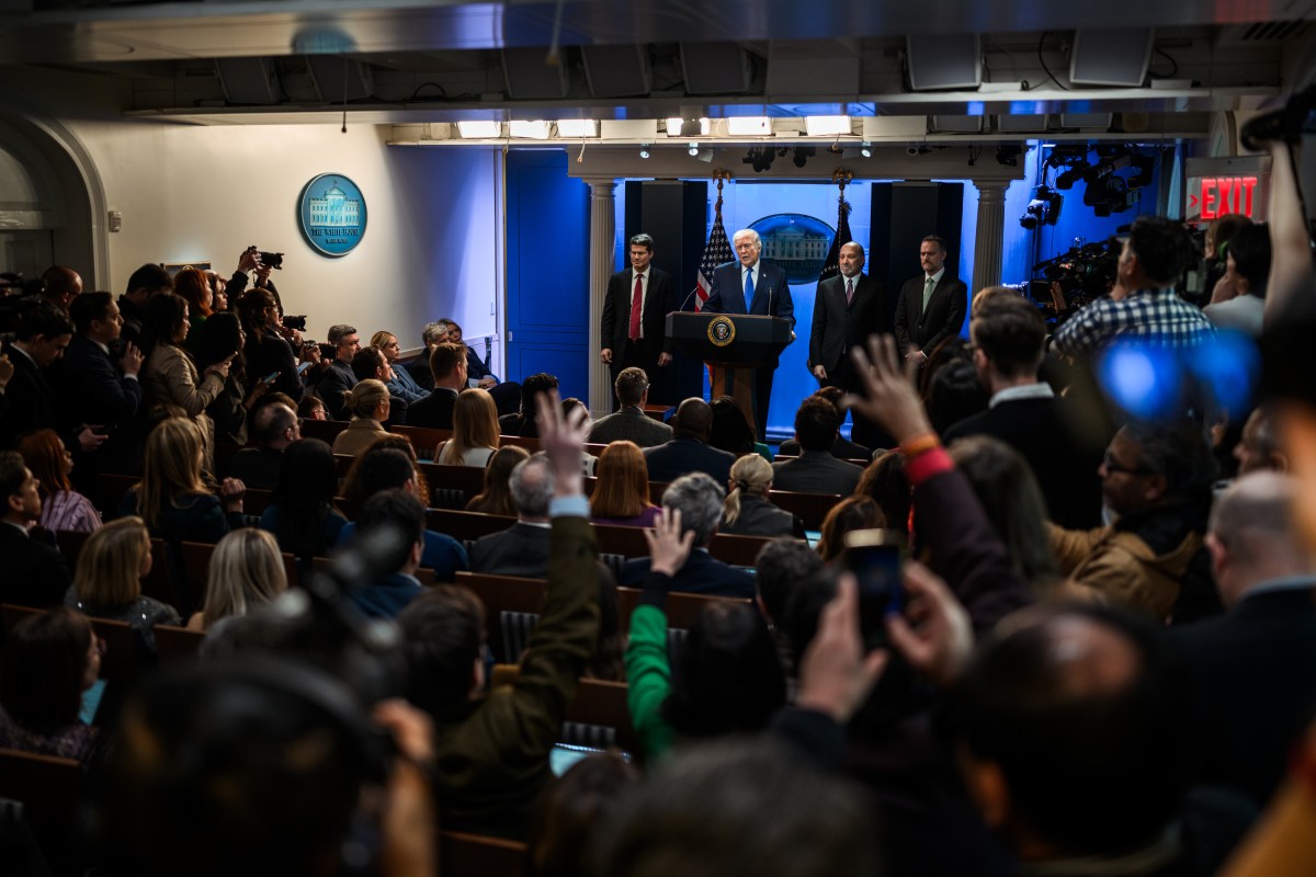 President Donald Trump delivers remarks on the Supreme Court ruling on tariffs in the James S. Brady Press Briefing Room of the White House, Friday, February, 20, 2026. (Official White House Photo by Daniel Torok