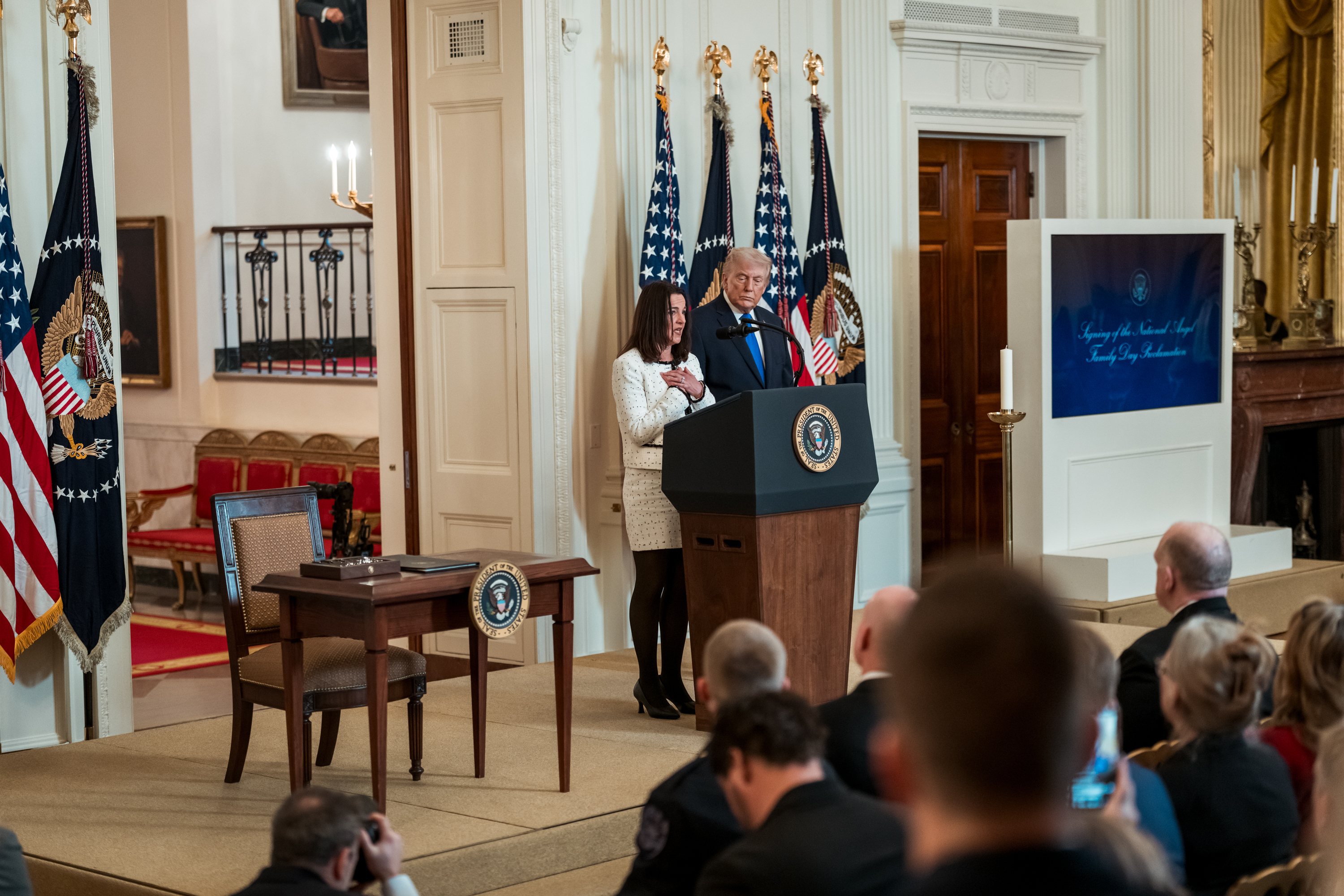 Allyson Phillips, mother of Laken Riley, delivers remarks at an Angel Families Remembrance Ceremony, Monday, February 23, 2026, in the East Room of the White House. (Official White House Photo by Abe McNatt)