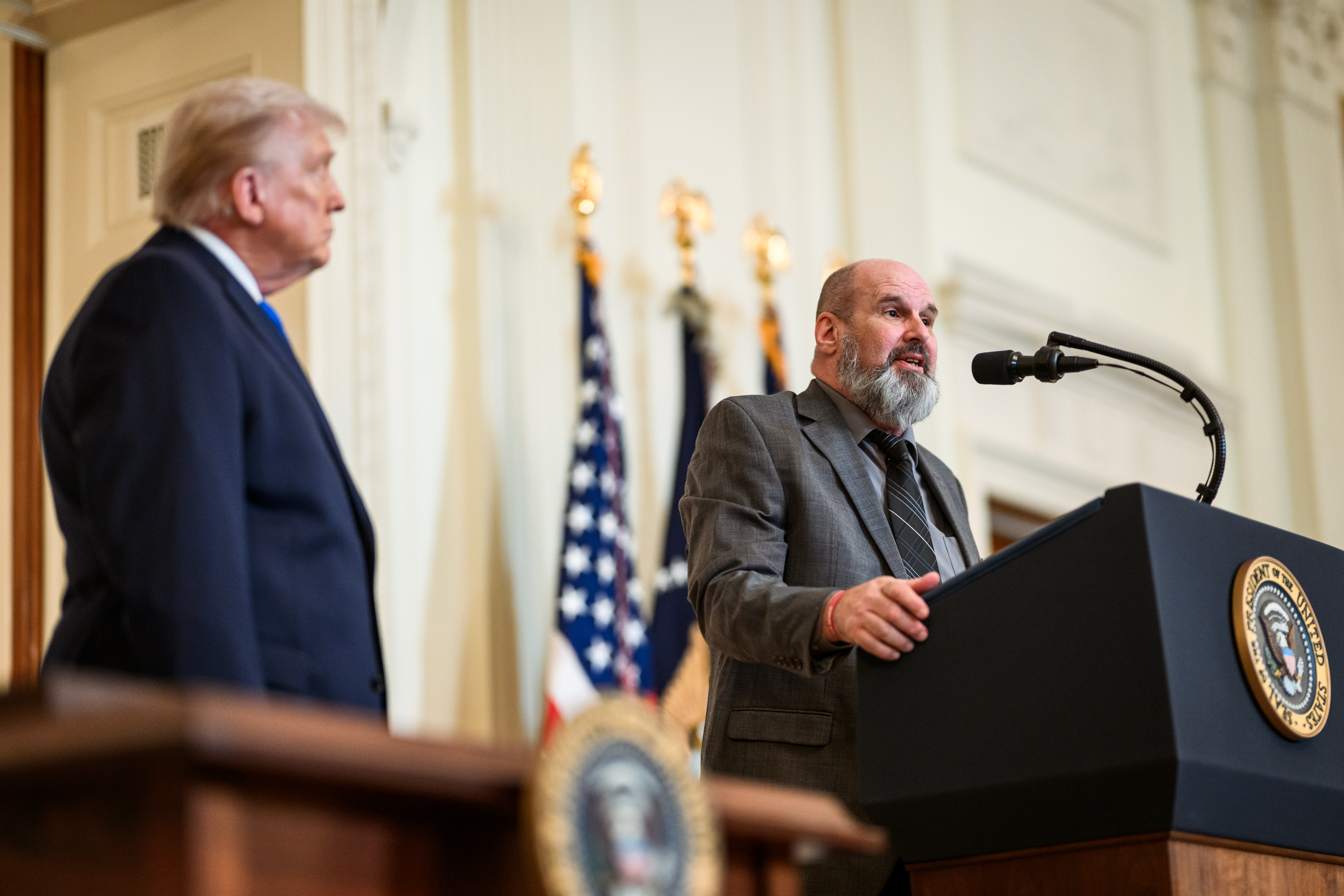 Steve Ronnebeck, father of Grant Ronnebeck, delivers remarks at an Angel Families Remembrance Ceremony, Monday, February 23, 2026, in the East Room of the White House. (Official White House Photo by Daniel Torok)