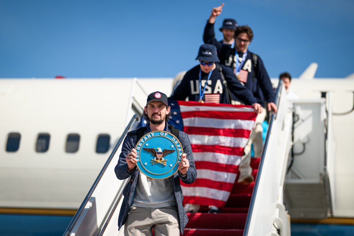 The U.S. Olympic Men’s Hockey Team arrive at Joint Base Andrews, Maryland, before touring the White House, Tuesday, February 24, 2026. (Official White House Photo by Daniel Torok)
