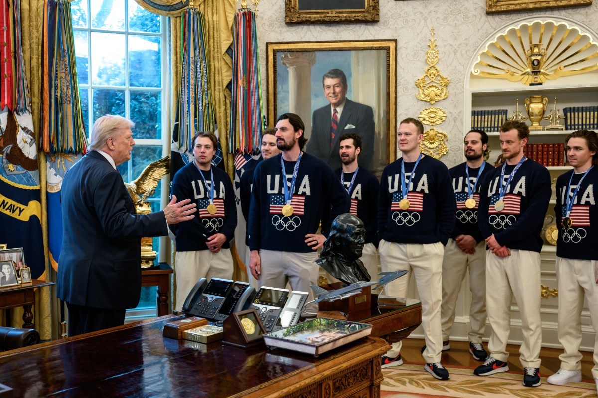 The U.S. Olympic Men’s Hockey Team visit President Donald Trump in the Oval Office, Tuesday, February 24, 2026. (Official White House Photo by Daniel Torok)