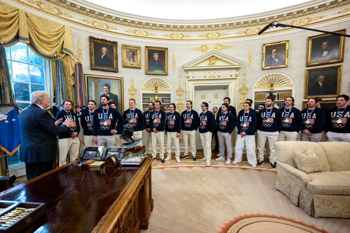 The U.S. Olympic Men’s Hockey Team visit President Donald Trump in the Oval Office, Tuesday, February 24, 2026. (Official White House Photo by Daniel Torok)