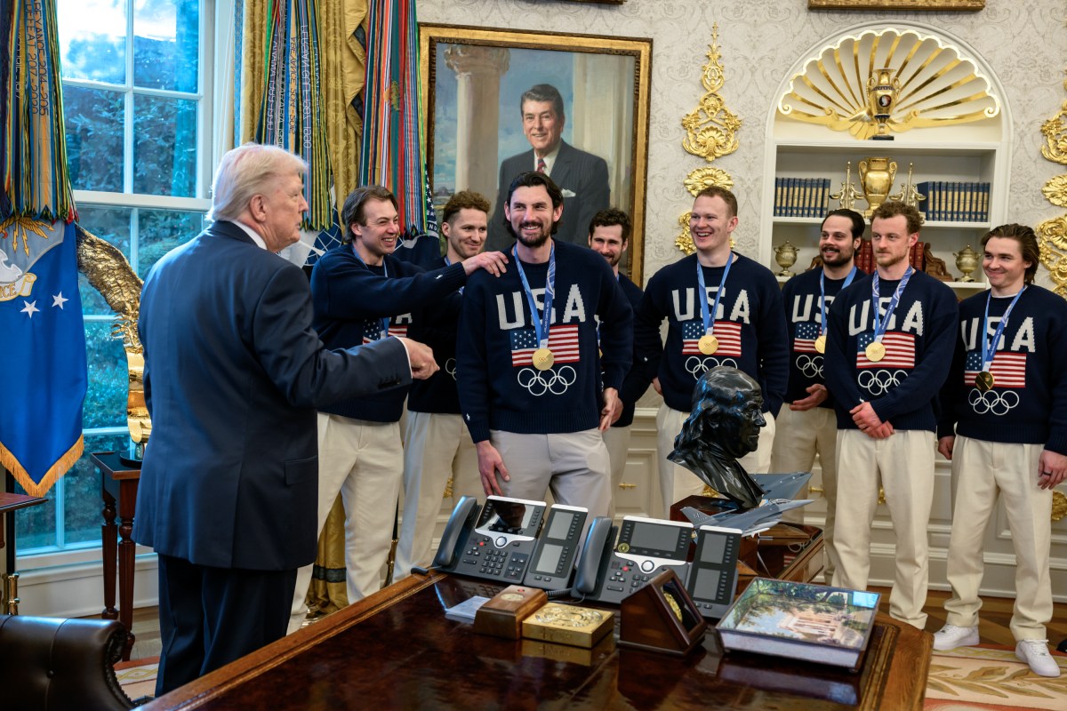 The U.S. Olympic Men’s Hockey Team visit President Donald Trump in the Oval Office, Tuesday, February 24, 2026. (Official White House Photo by Daniel Torok)