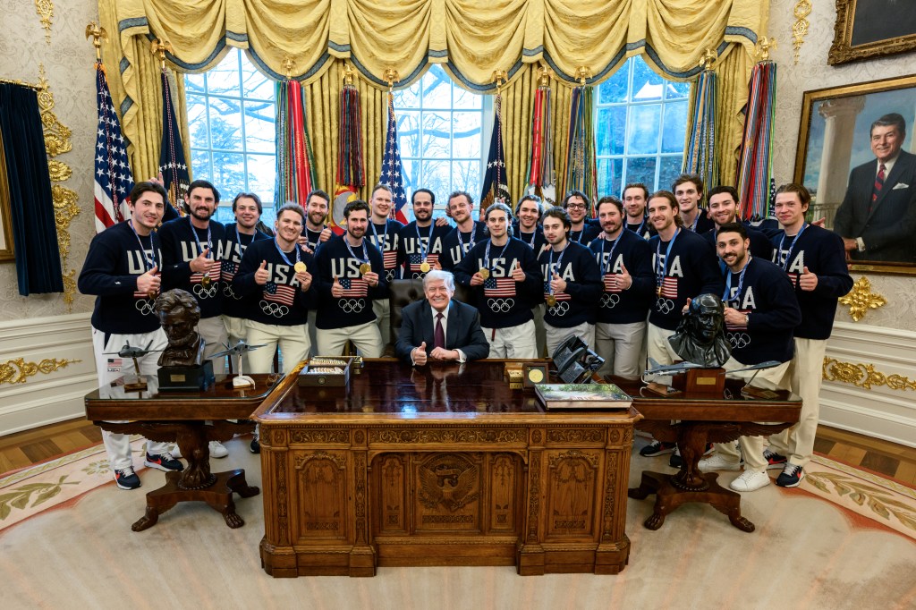 The U.S. Olympic Men’s Hockey Team visit President Donald Trump in the Oval Office, Tuesday, February 24, 2026. (Official White House Photo by Daniel Torok)