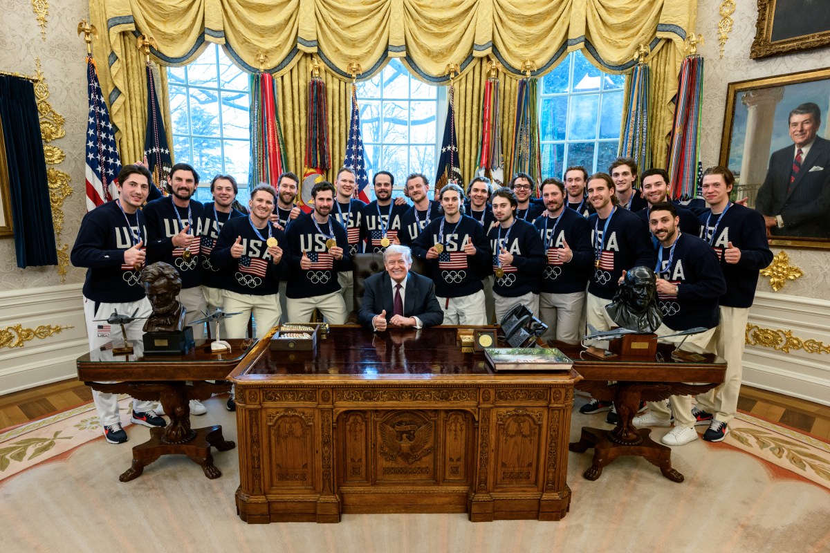 The U.S. Olympic Men’s Hockey Team visit President Donald Trump in the Oval Office, Tuesday, February 24, 2026. (Official White House Photo by Daniel Torok)