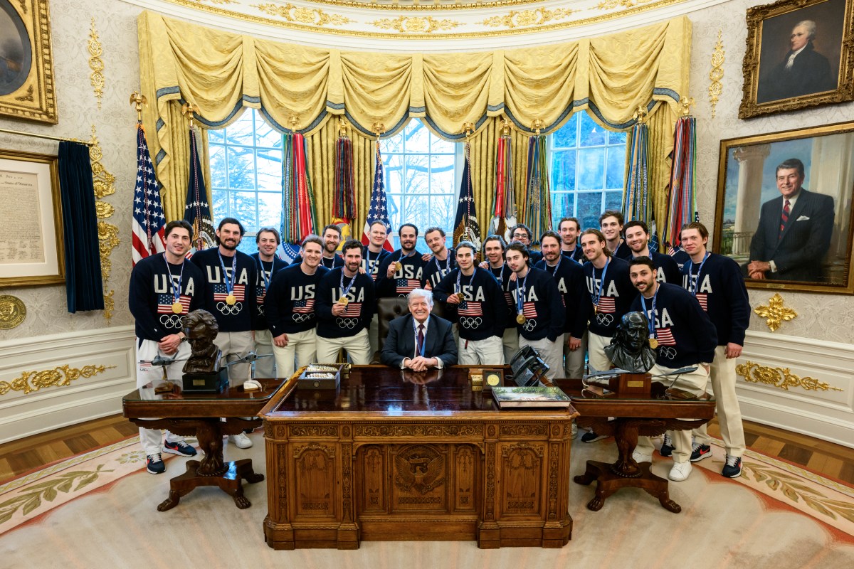 The U.S. Olympic Men’s Hockey Team visit President Donald Trump in the Oval Office, Tuesday, February 24, 2026. (Official White House Photo by Daniel Torok)