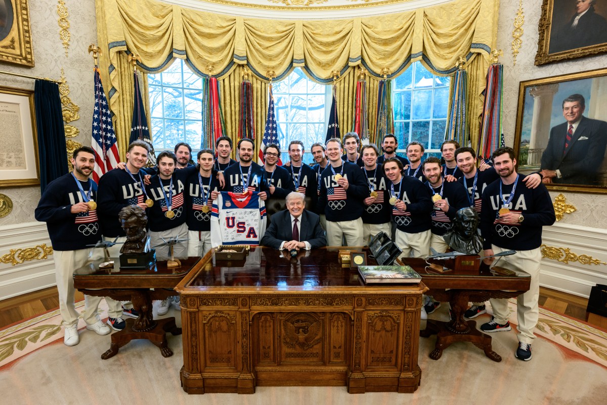 The U.S. Olympic Men’s Hockey Team visit President Donald Trump in the Oval Office, Tuesday, February 24, 2026. (Official White House Photo by Daniel Torok)