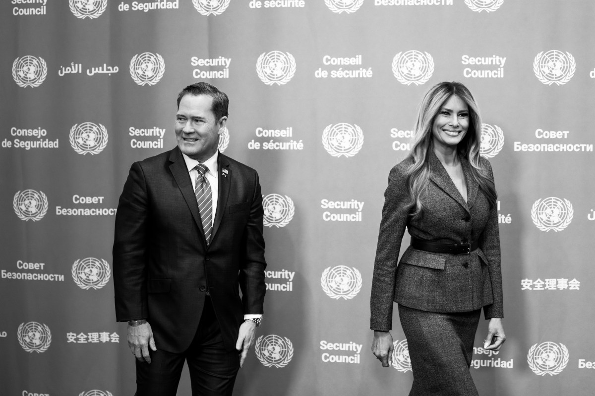 First Lady Melania Trump presides over a meeting of the United Nations Security Council at United Nations Headquarters in New York City, Monday, March 2, 2026.Official White House Photo by Andrea Hanks)