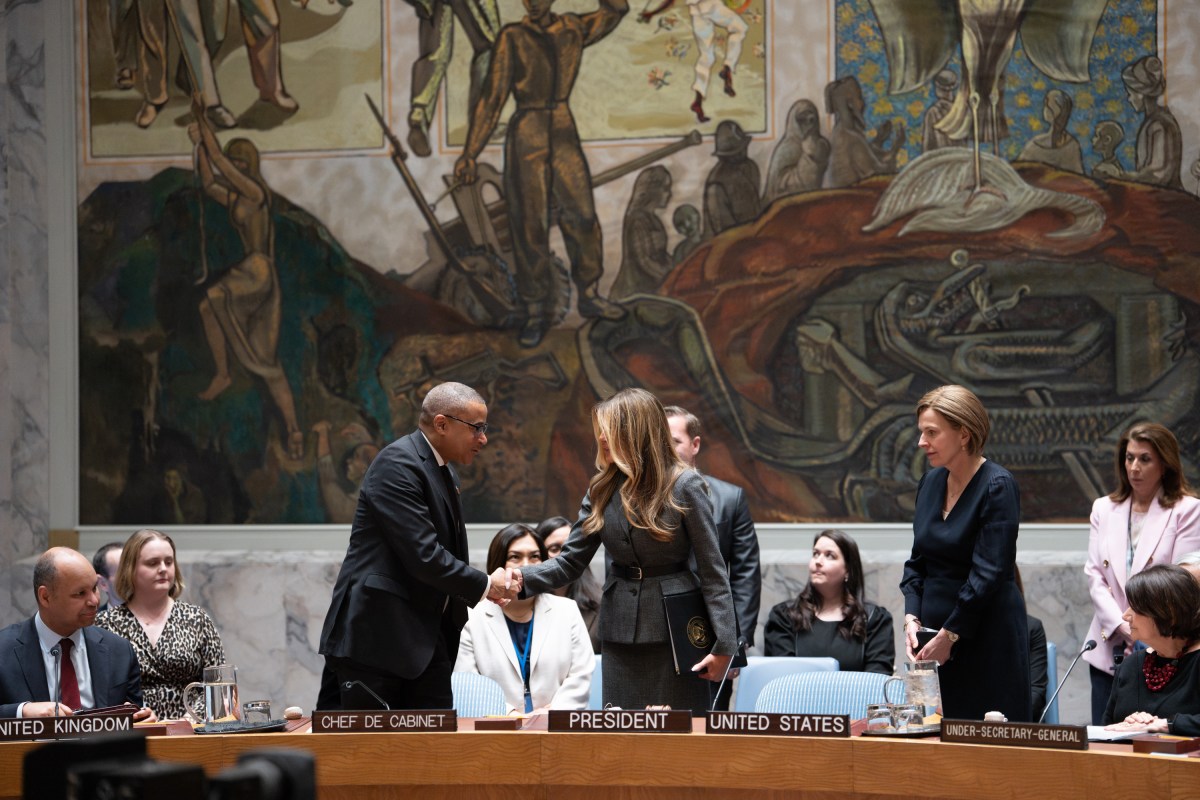First Lady Melania Trump presides over a meeting of the United Nations Security Council at United Nations Headquarters in New York City, Monday, March 2, 2026.Official White House Photo by Andrea Hanks)