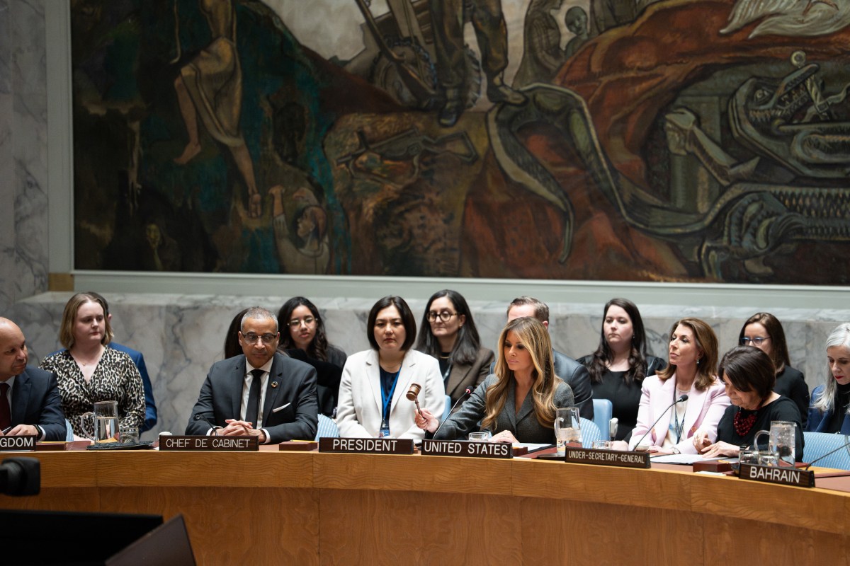 First Lady Melania Trump presides over a meeting of the United Nations Security Council at United Nations Headquarters in New York City, Monday, March 2, 2026.Official White House Photo by Andrea Hanks)