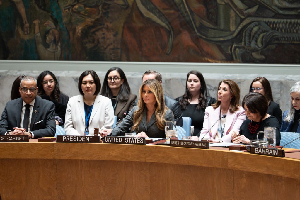 First Lady Melania Trump presides over a meeting of the United Nations Security Council at United Nations Headquarters in New York City, Monday, March 2, 2026.Official White House Photo by Andrea Hanks)