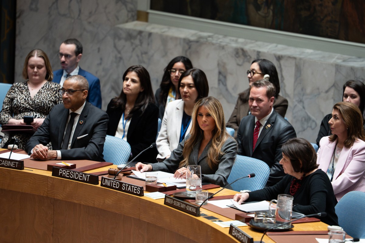 First Lady Melania Trump presides over a meeting of the United Nations Security Council at United Nations Headquarters in New York City, Monday, March 2, 2026.Official White House Photo by Andrea Hanks)