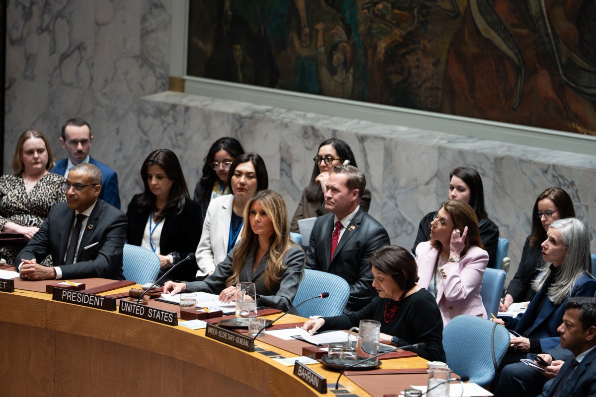 First Lady Melania Trump presides over a meeting of the United Nations Security Council at United Nations Headquarters in New York City, Monday, March 2, 2026.Official White House Photo by Andrea Hanks)