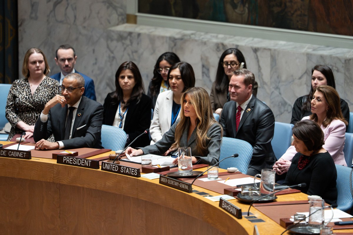 First Lady Melania Trump presides over a meeting of the United Nations Security Council at United Nations Headquarters in New York City, Monday, March 2, 2026.Official White House Photo by Andrea Hanks)