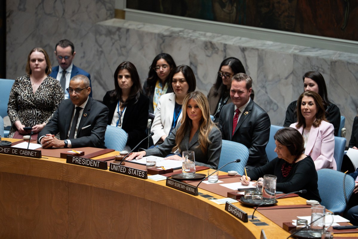 First Lady Melania Trump presides over a meeting of the United Nations Security Council at United Nations Headquarters in New York City, Monday, March 2, 2026.Official White House Photo by Andrea Hanks)