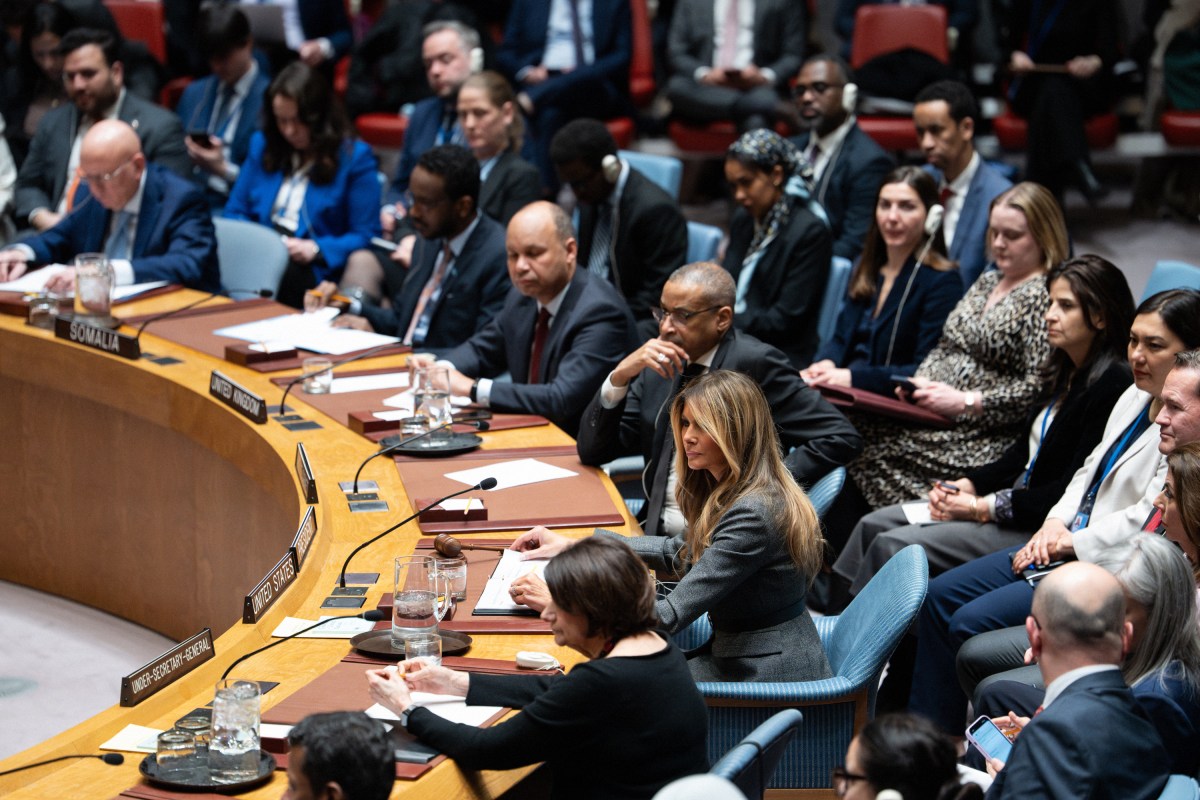 First Lady Melania Trump presides over a meeting of the United Nations Security Council at United Nations Headquarters in New York City, Monday, March 2, 2026.Official White House Photo by Andrea Hanks)