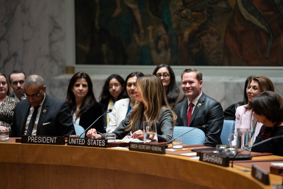 First Lady Melania Trump presides over a meeting of the United Nations Security Council at United Nations Headquarters in New York City, Monday, March 2, 2026.Official White House Photo by Andrea Hanks)