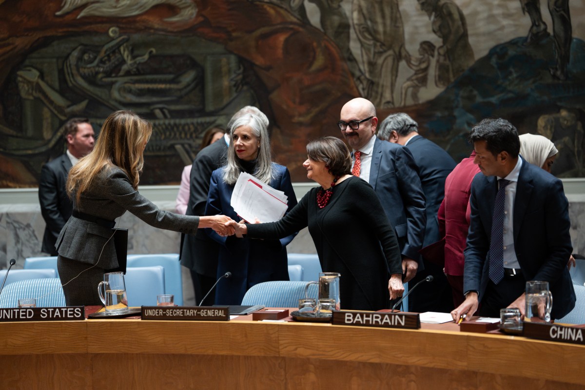 First Lady Melania Trump presides over a meeting of the United Nations Security Council at United Nations Headquarters in New York City, Monday, March 2, 2026.Official White House Photo by Andrea Hanks)
