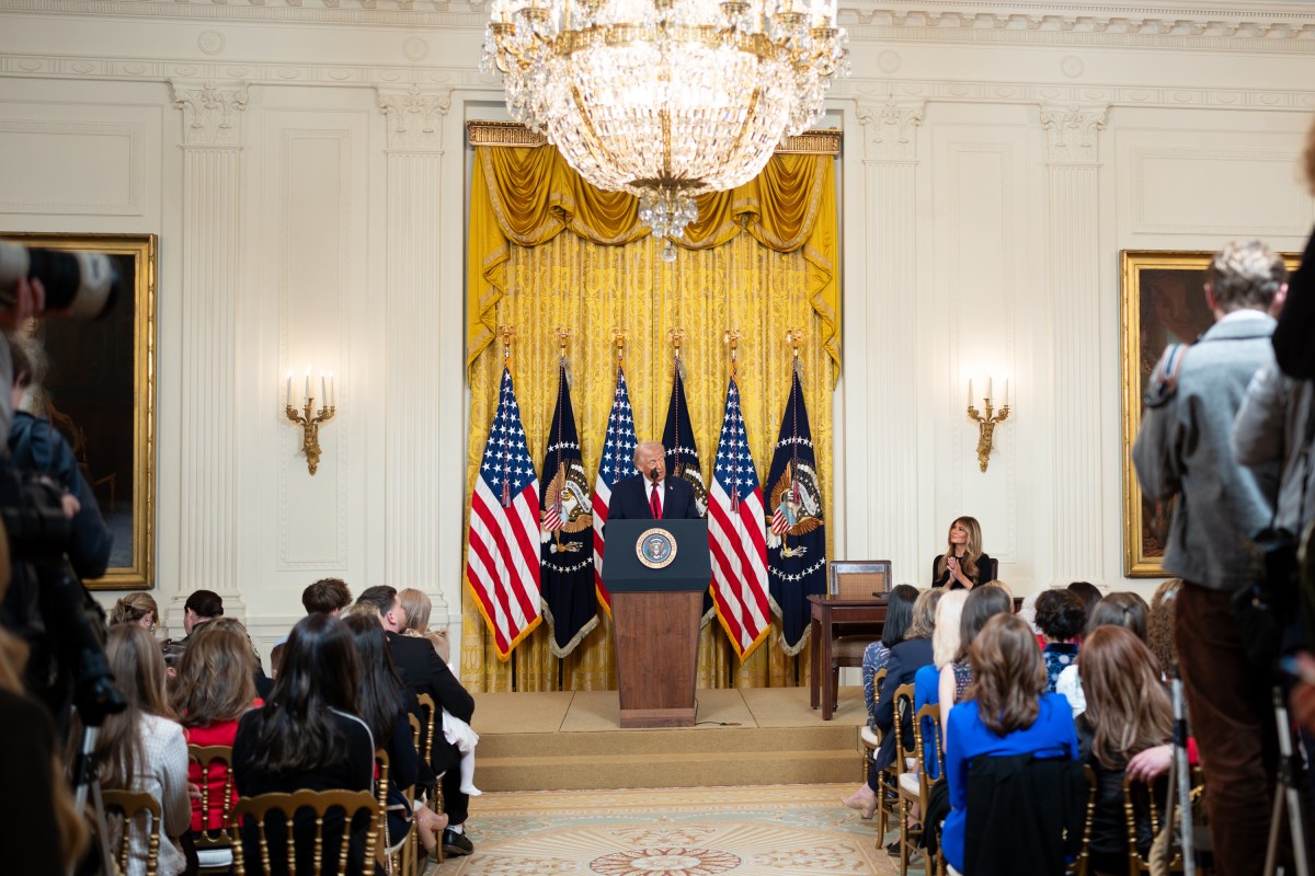 President Donald J. Trump delivers remarks at an event celebrating Women’s History Month and National Working Mom’s Day, Thursday, March 12, 2026, in the East Room of the White House. (Official White House Photo by Andrea Hanks)