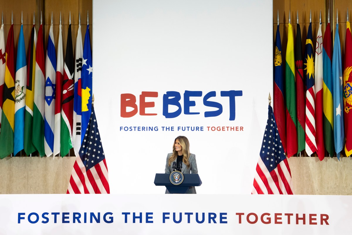 First Lady Melania Trump delivers remarks at the Fostering the Future Together Global Coalition Summit, Tuesday, March 24, 2026, at the U.S. State Department in Washington D.C. (Official White House Photo by Andrea Hanks)