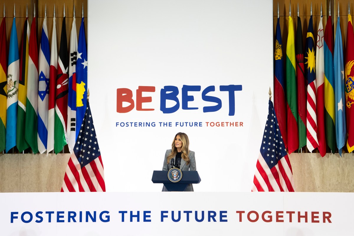 First Lady Melania Trump delivers remarks at the Fostering the Future Together Global Coalition Summit, Tuesday, March 24, 2026, at the U.S. State Department in Washington D.C. (Official White House Photo by Andrea Hanks)
