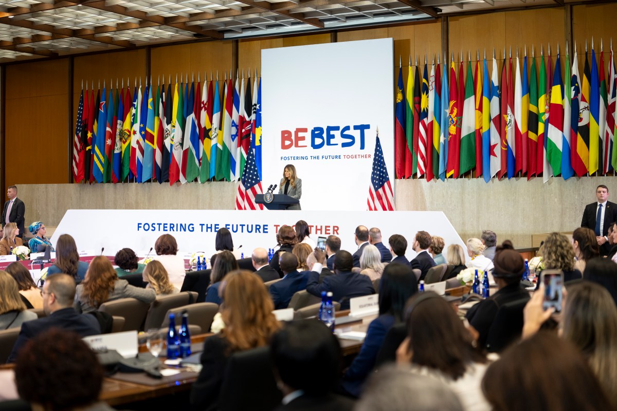 First Lady Melania Trump delivers remarks at the Fostering the Future Together Global Coalition Summit, Tuesday, March 24, 2026, at the U.S. State Department in Washington D.C. (Official White House Photo by Andrea Hanks)