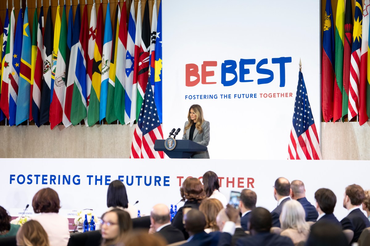 First Lady Melania Trump delivers remarks at the Fostering the Future Together Global Coalition Summit, Tuesday, March 24, 2026, at the U.S. State Department in Washington D.C. (Official White House Photo by Andrea Hanks)