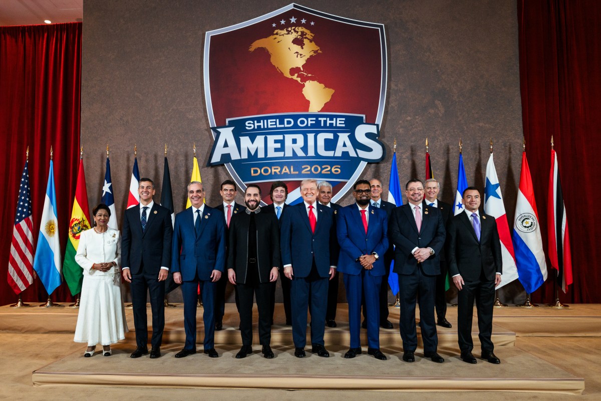 President Donald J. Trump poses for a Family Photo with world leaders at the Shield of the Americas summit at Trump National Doral, Saturday, March 7, 2026, in Miami, Florida. (Official White House Photo by Daniel Torok)