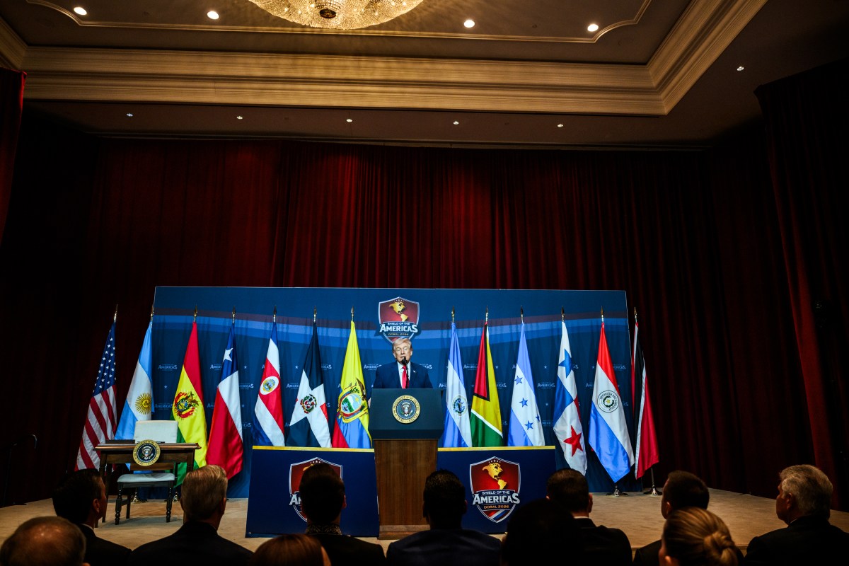 President Donald J. Trump delivers remarks during the Shield of the Americas summit at Trump National Doral, Saturday, March 7, 2026, in Miami, Florida. (Official White House Photo by Molly Riley)