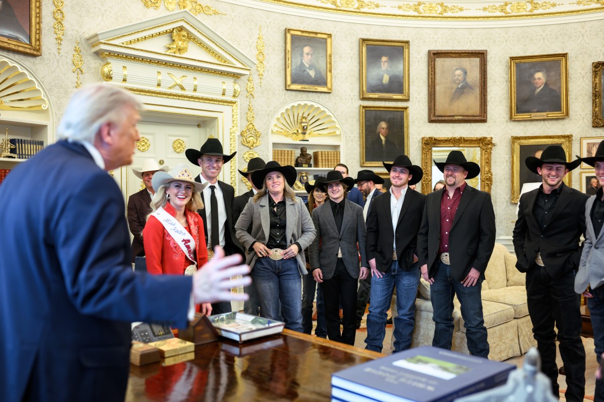 President Donald J. Trump greets National Finals Rodeo winners in the Oval Office, Friday, March 13, 2026. (Official White House Photo by Molly Riley)