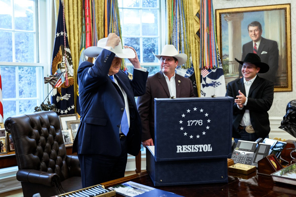 President Donald J. Trump greets National Finals Rodeo winners in the Oval Office, Friday, March 13, 2026. (Official White House Photo by Molly Riley)
