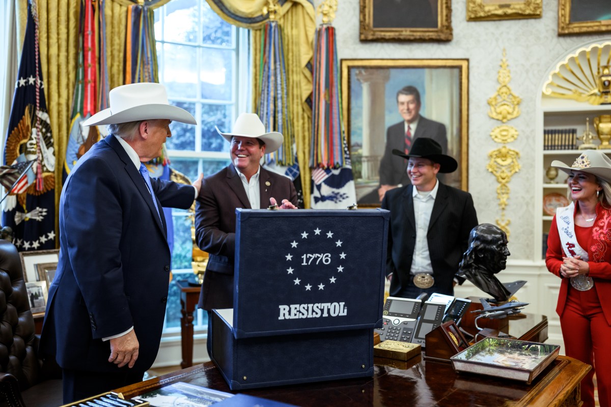 President Donald J. Trump greets National Finals Rodeo winners in the Oval Office, Friday, March 13, 2026. (Official White House Photo by Molly Riley)