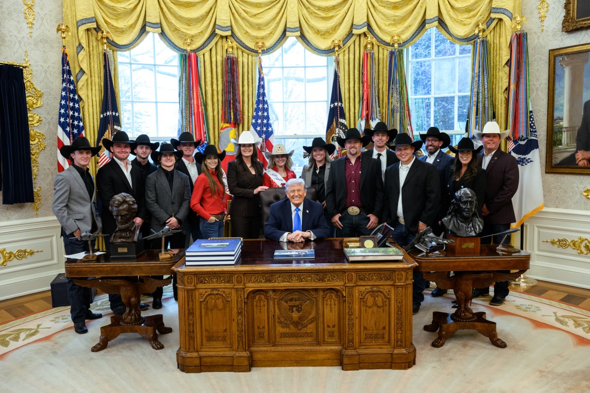 President Donald J. Trump greets National Finals Rodeo winners in the Oval Office, Friday, March 13, 2026. (Official White House Photo by Molly Riley)