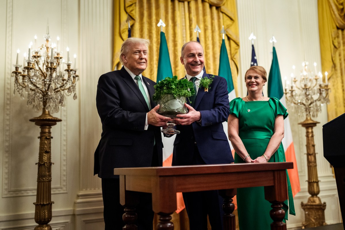 Taoiseach of Ireland Micheál Martin presents a bowl of shamrocks to President Donald J. Trump at a Shamrock Reception in honor of St. Patrick’s Day, Tuesday, March 17, 2026, in the East Room of the White House. (Official White House Photo by Molly Riley)