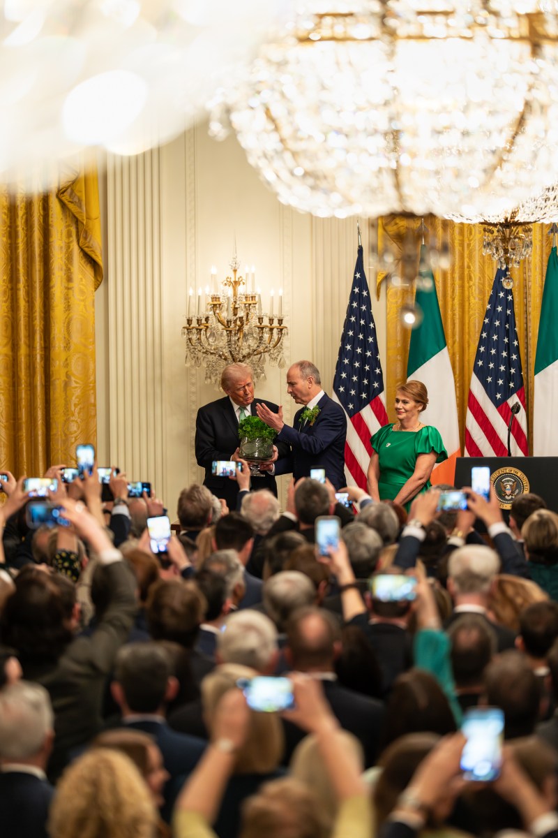 Taoiseach of Ireland Micheál Martin presents a bowl of shamrocks to President Donald J. Trump at a Shamrock Reception in honor of St. Patrick’s Day, Tuesday, March 17, 2026, in the East Room of the White House. (Official White House Photo by Patrick Ruddy)