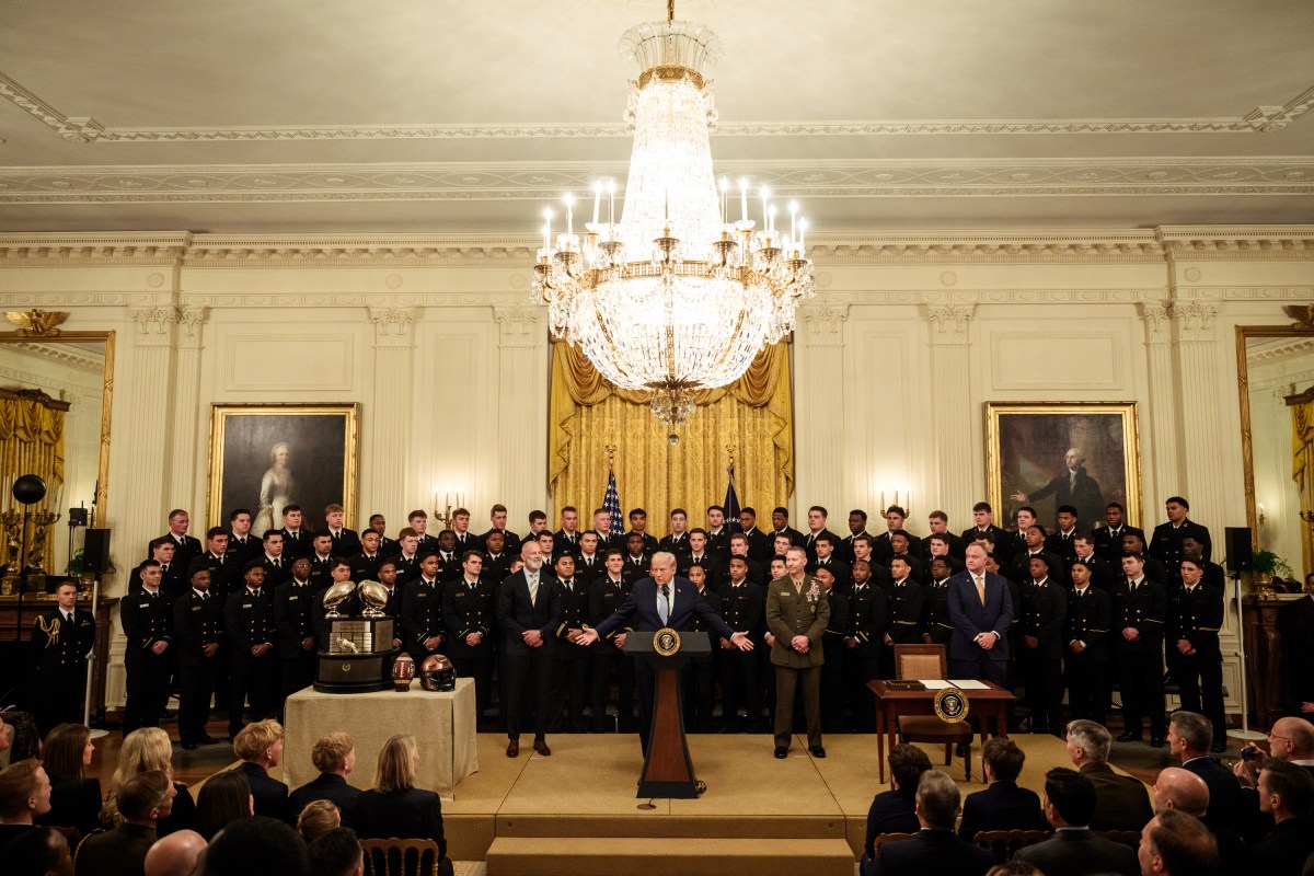 President Donald J. Trump delivers remarks at a Commander in Chief Trophy presentation for the U.S. Naval Academy’s Navy Midshipmen football team, Friday, March 20, 2026, in the East Room of the White House. (Official White House Photo by Joyce N. Boghosian)