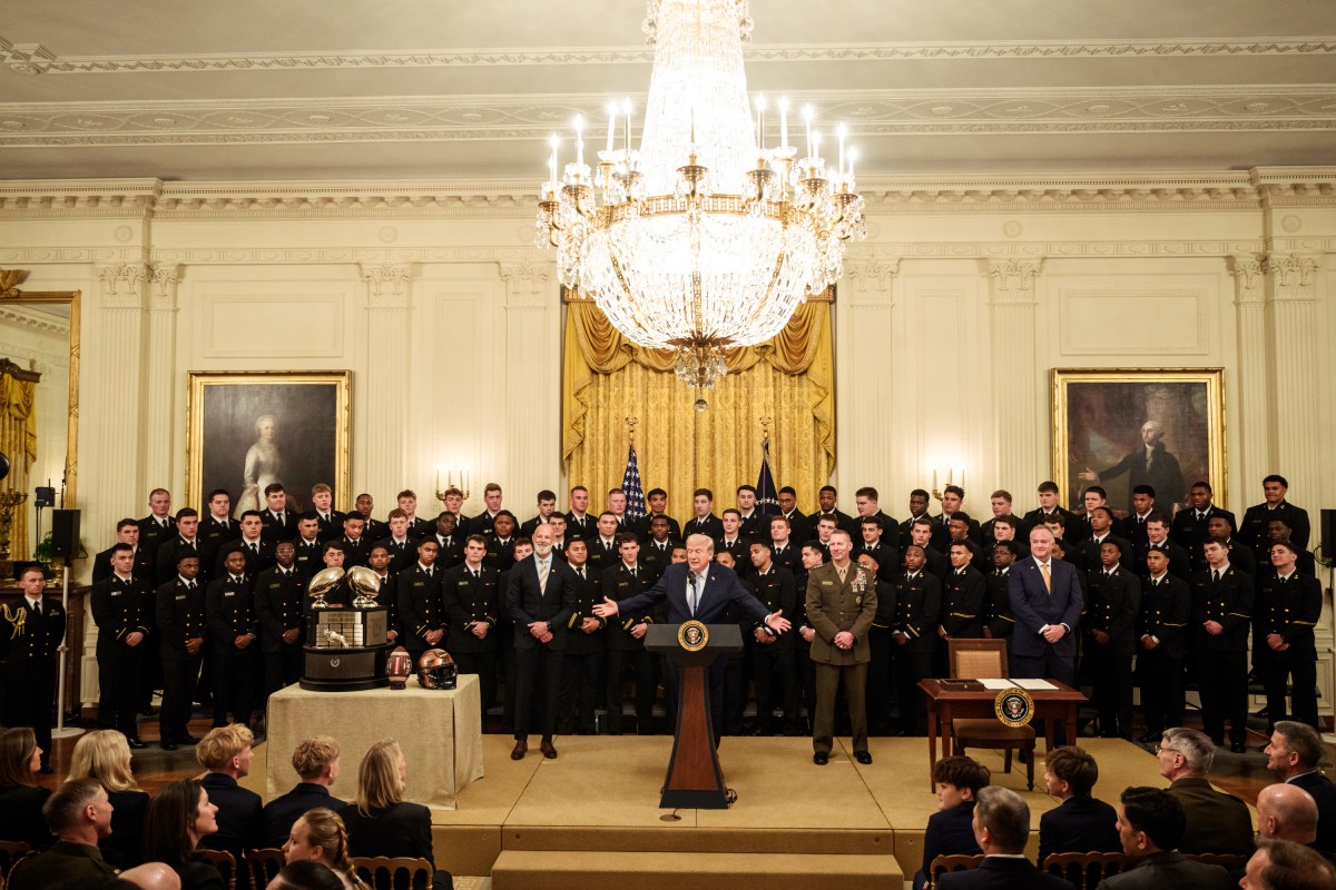 President Donald J. Trump delivers remarks at a Commander in Chief Trophy presentation for the U.S. Naval Academy’s Navy Midshipmen football team, Friday, March 20, 2026, in the East Room of the White House. (Official White House Photo by Joyce N. Boghosian)
