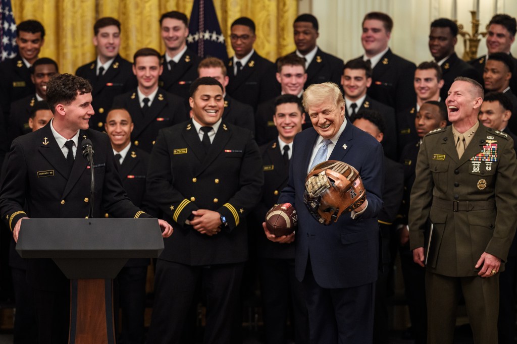 President Donald J. Trump delivers remarks at a Commander in Chief Trophy presentation for the U.S. Naval Academy’s Navy Midshipmen football team, Friday, March 20, 2026, in the East Room of the White House. (Official White House Photo by Joyce N. Boghosian)