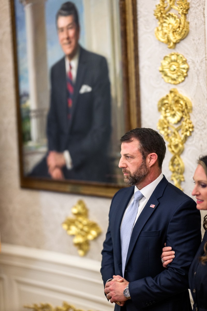 President Donald J. Trump answers questions from members of the media after the swearing-in ceremony for Secretary of Homeland Security Markwayne Mullin, Tuesday, March 24, 2026, in the Oval Office. (Official White House photo by Daniel Torok)