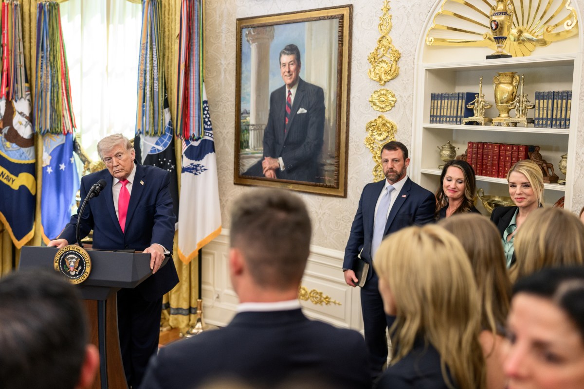 President Donald J. Trump answers questions from members of the media after the swearing-in ceremony for Secretary of Homeland Security Markwayne Mullin, Tuesday, March 24, 2026, in the Oval Office. (Official White House photo by Daniel Torok)
