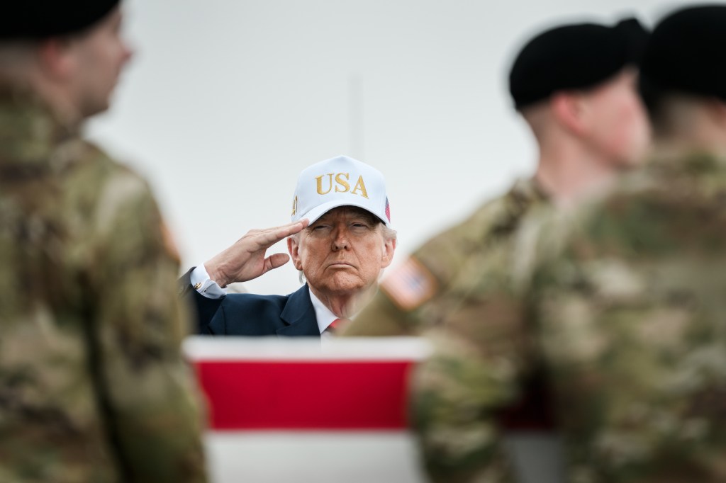 President Donald J. Trump and First Lady Melania Trump attend the Dignified Transfer of remains of six U.S. soldiers killed in an Iranian drone strike in Kuwait, Saturday, March 7, 2026, at Dover Air Force Base, Delaware. (Official White House Photo by Daniel Torok)