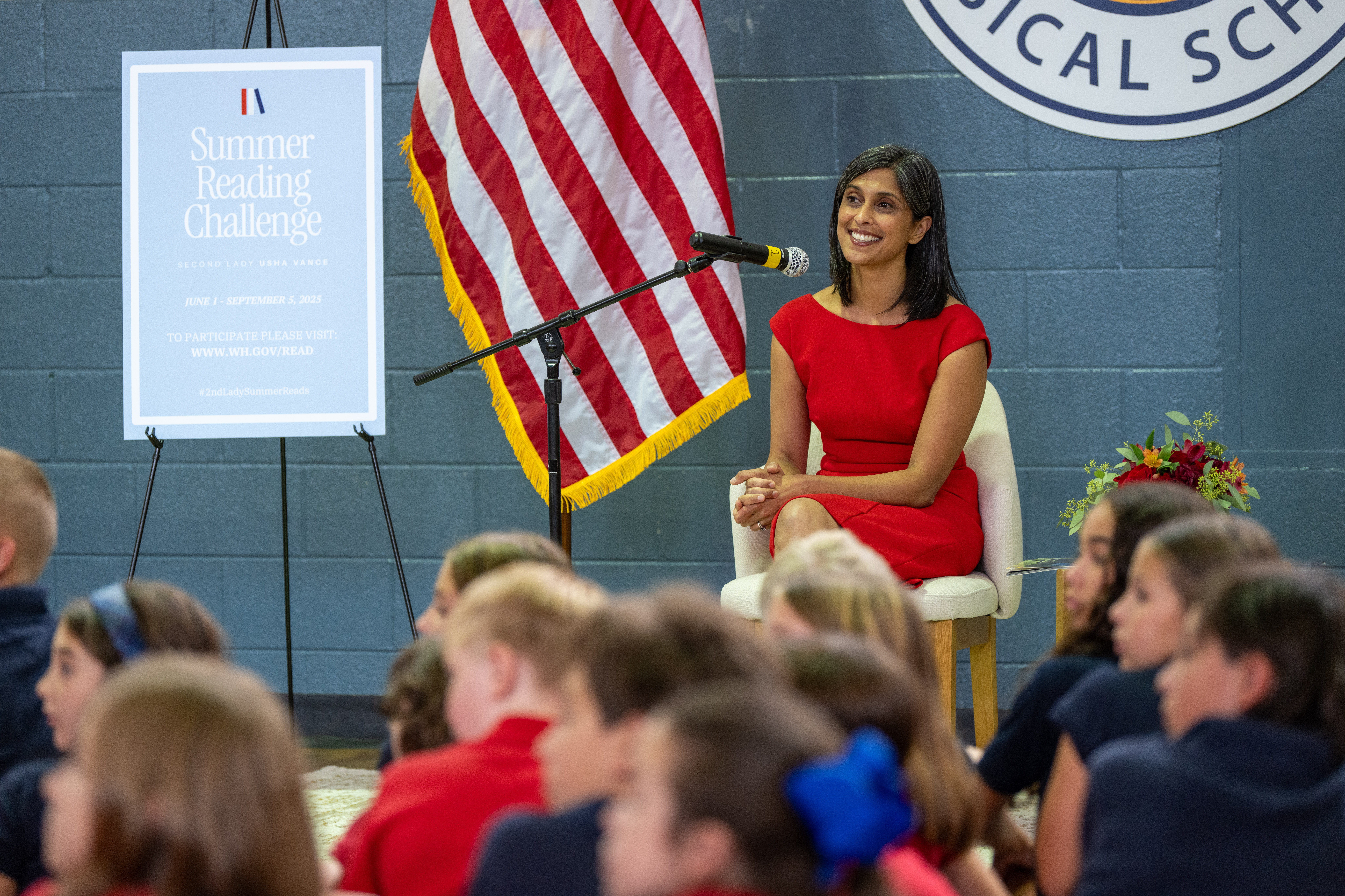 Second Lady Usha Vance reads to children at the Cherokee Liberty Classical School in Atlanta, Georgia as part of her Summer Reading Challenge on Thursday, August 22nd, 2025. (Official White House Photo by Harrison Koeppel)